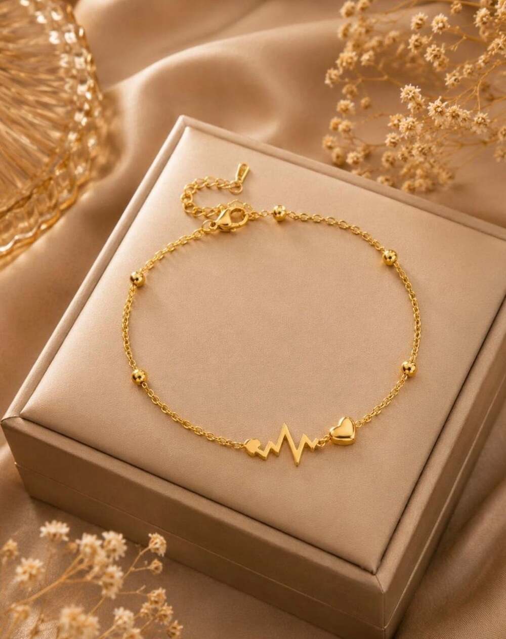 Gold Heart Electrocardiogram Anklet EKG Beat Chain